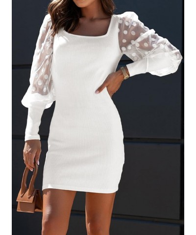 Womens Square Neck Polka Dot Balloon Long Sleeve Knit Ribbed Mini Bodycon Dresses White $20.64 Dresses