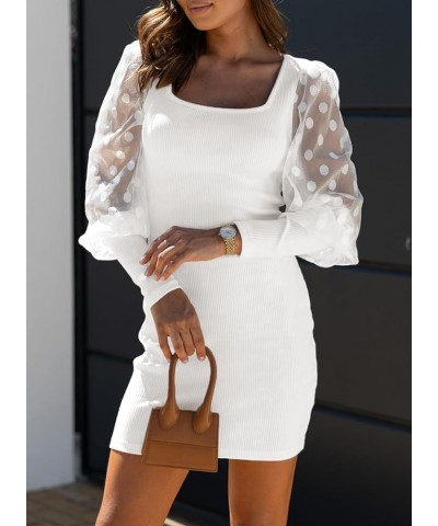 Womens Square Neck Polka Dot Balloon Long Sleeve Knit Ribbed Mini Bodycon Dresses White $20.64 Dresses