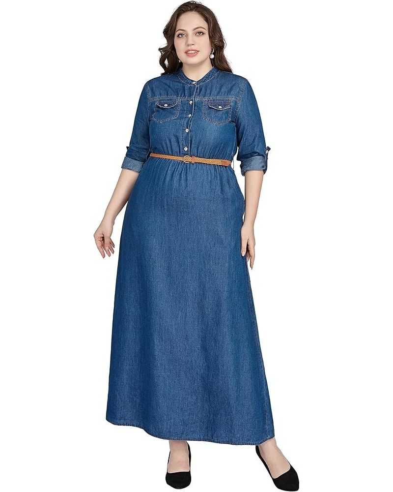 Womens Plus Size Denim Maxi Dress Belted Roll Up Sleeve Long Shirt Dress 4853-light Denim $21.41 Dresses