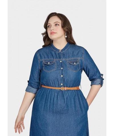 Womens Plus Size Denim Maxi Dress Belted Roll Up Sleeve Long Shirt Dress 4853-light Denim $21.41 Dresses