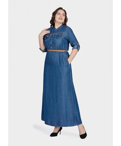 Womens Plus Size Denim Maxi Dress Belted Roll Up Sleeve Long Shirt Dress 4853-light Denim $21.41 Dresses