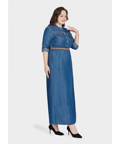 Womens Plus Size Denim Maxi Dress Belted Roll Up Sleeve Long Shirt Dress 4853-light Denim $21.41 Dresses