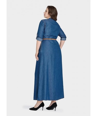 Womens Plus Size Denim Maxi Dress Belted Roll Up Sleeve Long Shirt Dress 4853-light Denim $21.41 Dresses