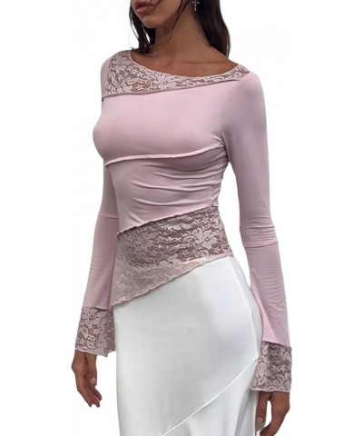 Women Sexy Long Sleeve Lace Floral Print Crop Tops 2023 Fashion Low Cut Backless Sheer Mesh Tees Shirt Lace Frill Pink $11.65...