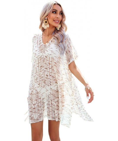 Women Swimsuits Cover Ups Knit V Neck Crochet Short Sleeve Tie Side Coverups Brown $14.00 Swimsuits