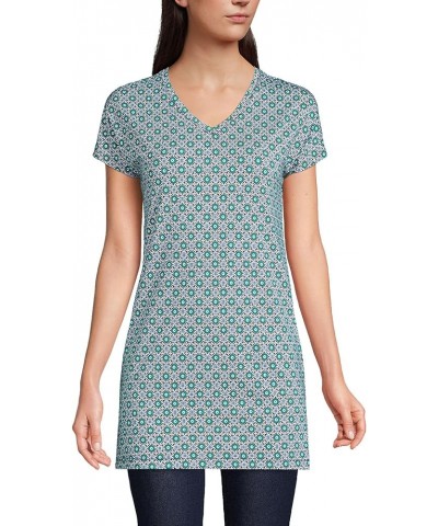 Women's Short Sleeve Jersey Extra Long Vneck Tunic Emerald Medallion Tiles $15.68 Activewear