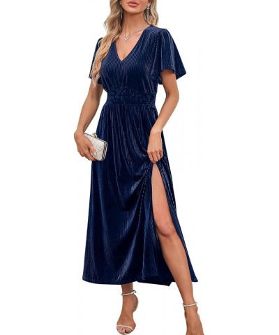 Women's 2024 Short Sleeve V Neck Velvet Maxi Dress Side Slit Bridesmaid Cocktail Party Dresses Navy $30.79 Dresses