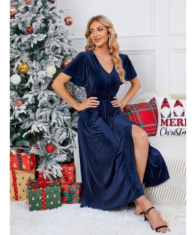 Women's 2024 Short Sleeve V Neck Velvet Maxi Dress Side Slit Bridesmaid Cocktail Party Dresses Navy $30.79 Dresses