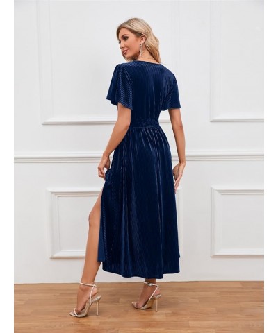 Women's 2024 Short Sleeve V Neck Velvet Maxi Dress Side Slit Bridesmaid Cocktail Party Dresses Navy $30.79 Dresses