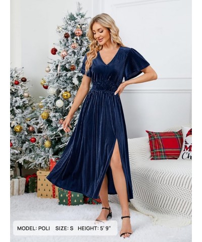 Women's 2024 Short Sleeve V Neck Velvet Maxi Dress Side Slit Bridesmaid Cocktail Party Dresses Navy $30.79 Dresses