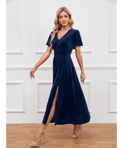 Women's 2024 Short Sleeve V Neck Velvet Maxi Dress Side Slit Bridesmaid Cocktail Party Dresses Navy $30.79 Dresses