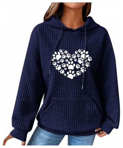 Womens Oversized Sweatshirt Waffle-knit Hoodies Long Sleeves Cute Love Heart Dog Paw Printed Graphic Pullover Top Dark Blue $...