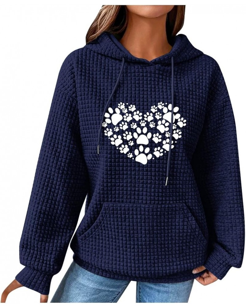 Womens Oversized Sweatshirt Waffle-knit Hoodies Long Sleeves Cute Love Heart Dog Paw Printed Graphic Pullover Top Dark Blue $...