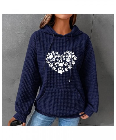 Womens Oversized Sweatshirt Waffle-knit Hoodies Long Sleeves Cute Love Heart Dog Paw Printed Graphic Pullover Top Dark Blue $...