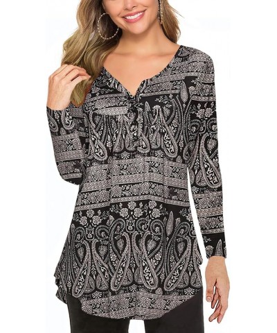 Women's Floral Printed Long Sleeve Henley Shirts V Neck Pleated Casual Flare Tunic Blouse Tops Paisley Black $12.71 Tops