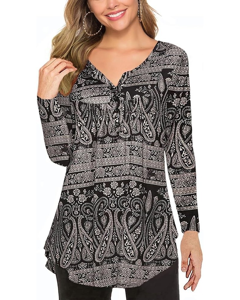 Women's Floral Printed Long Sleeve Henley Shirts V Neck Pleated Casual Flare Tunic Blouse Tops Paisley Black $12.71 Tops