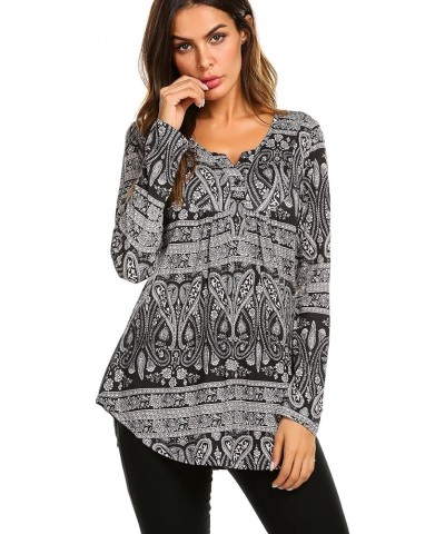 Women's Floral Printed Long Sleeve Henley Shirts V Neck Pleated Casual Flare Tunic Blouse Tops Paisley Black $12.71 Tops