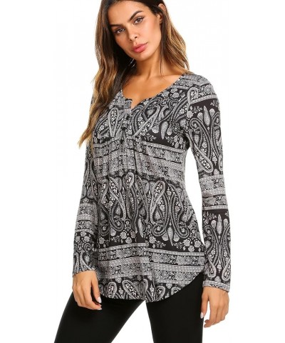 Women's Floral Printed Long Sleeve Henley Shirts V Neck Pleated Casual Flare Tunic Blouse Tops Paisley Black $12.71 Tops