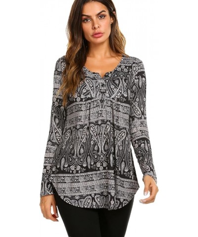 Women's Floral Printed Long Sleeve Henley Shirts V Neck Pleated Casual Flare Tunic Blouse Tops Paisley Black $12.71 Tops