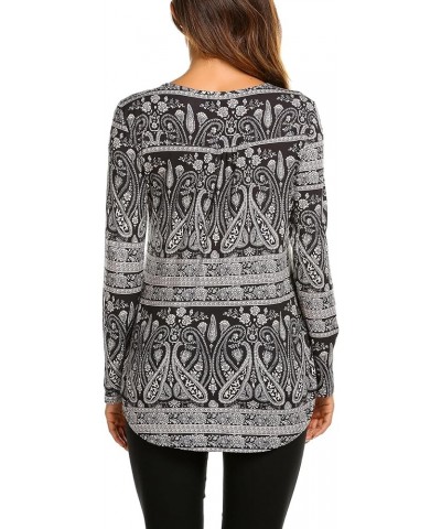 Women's Floral Printed Long Sleeve Henley Shirts V Neck Pleated Casual Flare Tunic Blouse Tops Paisley Black $12.71 Tops