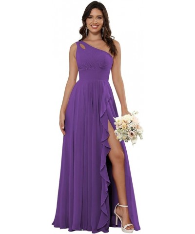 Women's One Shoulder Bridesmaid Dresses with Slit 2024 Ruffles Chiffon Aline Pleats Formal Party Dress for Women Purple $26.9...