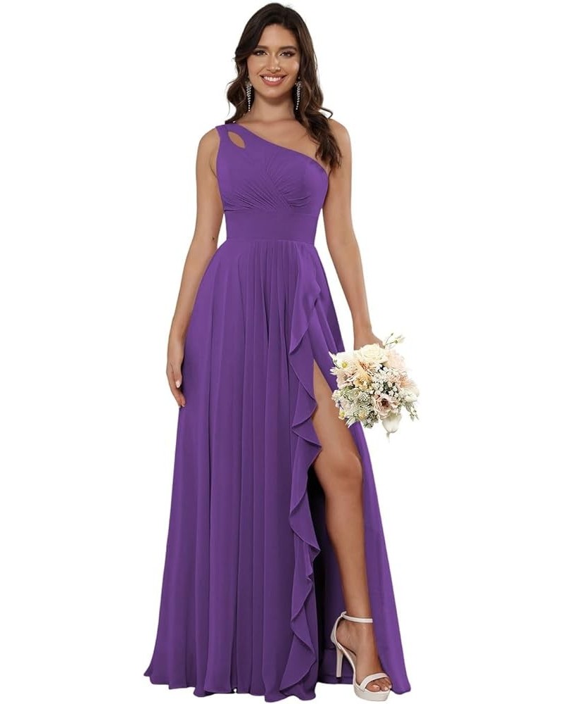 Women's One Shoulder Bridesmaid Dresses with Slit 2024 Ruffles Chiffon Aline Pleats Formal Party Dress for Women Purple $26.9...