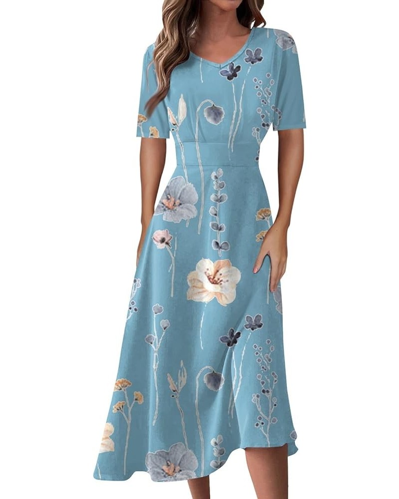 Women's Spring Dresses 2024 Short Sleeve V Neck High Waist Chiffon Dress Summer Swing Maxi Dresses 02-sky Blue $25.64 Others