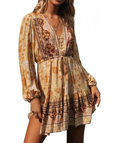 Women's Cotton Long Sleeves V-Neck Button Up Floral Print Bohemian Flowy Mini Dress Yellow $16.01 Dresses