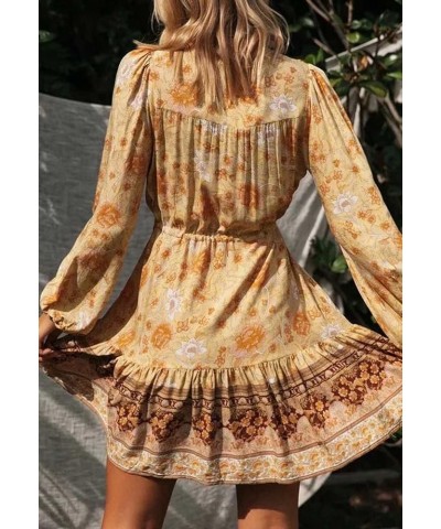 Women's Cotton Long Sleeves V-Neck Button Up Floral Print Bohemian Flowy Mini Dress Yellow $16.01 Dresses