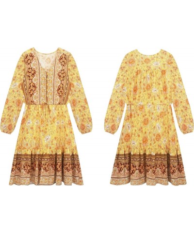 Women's Cotton Long Sleeves V-Neck Button Up Floral Print Bohemian Flowy Mini Dress Yellow $16.01 Dresses