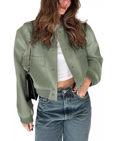 Womens Cropped Bomber Jacket Casual Button Down Varsity Baseball Jacket with Pockets Peagreen $10.25 Jackets