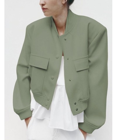 Womens Cropped Bomber Jacket Casual Button Down Varsity Baseball Jacket with Pockets Peagreen $10.25 Jackets