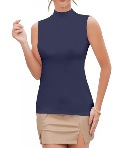 Women Mock Neck Turtleneck Sleeveless Long Sleeve Top Clothing Sleeveless Navy Blue $11.99 Underwear