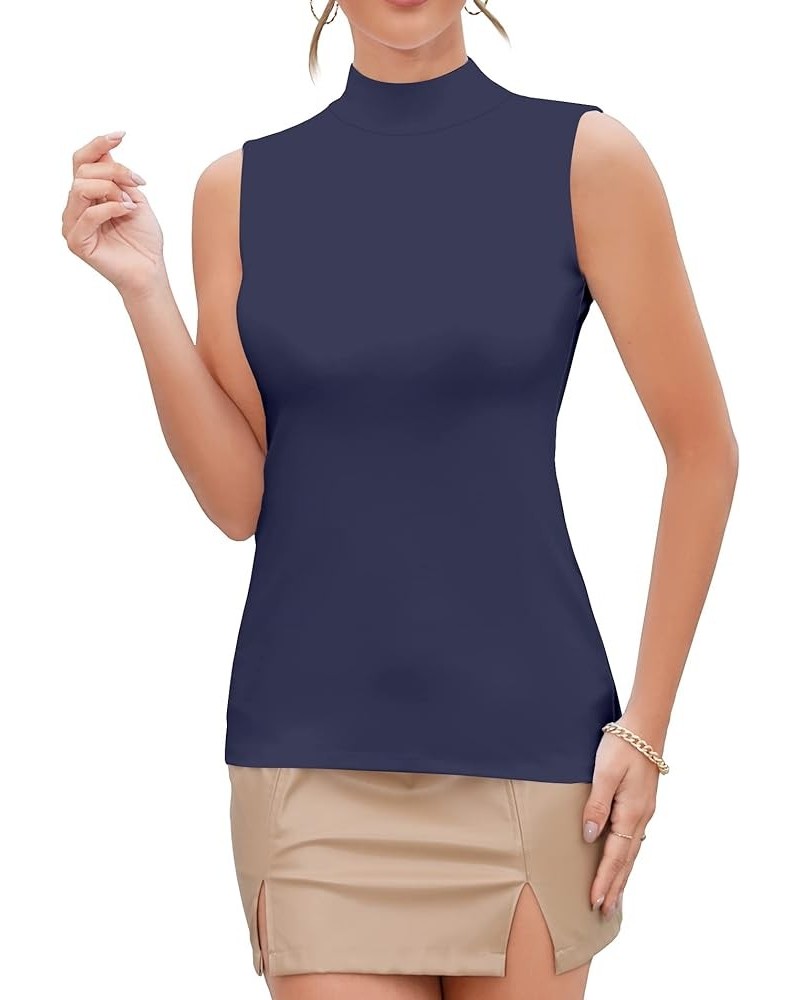 Women Mock Neck Turtleneck Sleeveless Long Sleeve Top Clothing Sleeveless Navy Blue $11.99 Underwear