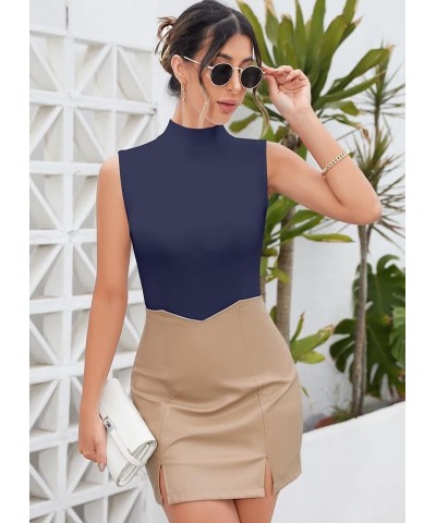 Women Mock Neck Turtleneck Sleeveless Long Sleeve Top Clothing Sleeveless Navy Blue $11.99 Underwear