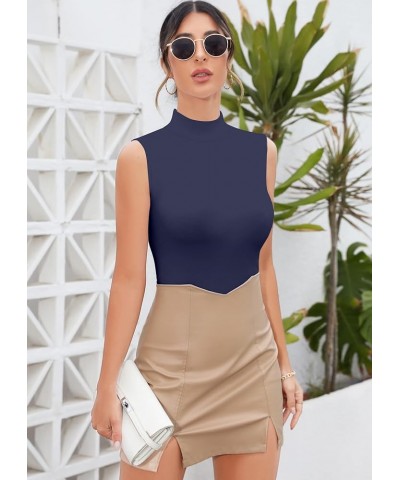 Women Mock Neck Turtleneck Sleeveless Long Sleeve Top Clothing Sleeveless Navy Blue $11.99 Underwear