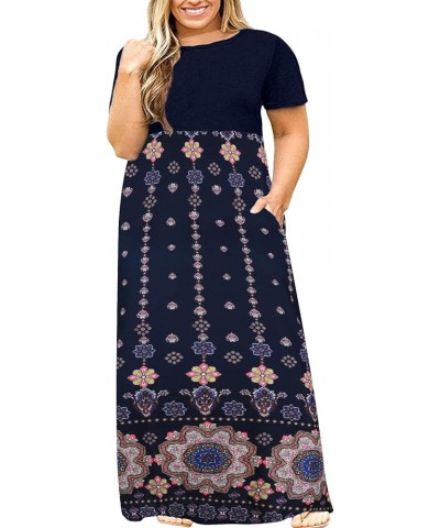 Women's Short Sleeve Plus Size Maxi Dress with Pockets Loose Casual Summer Dresses Patchwork D Navy Blue $16.45 Dresses