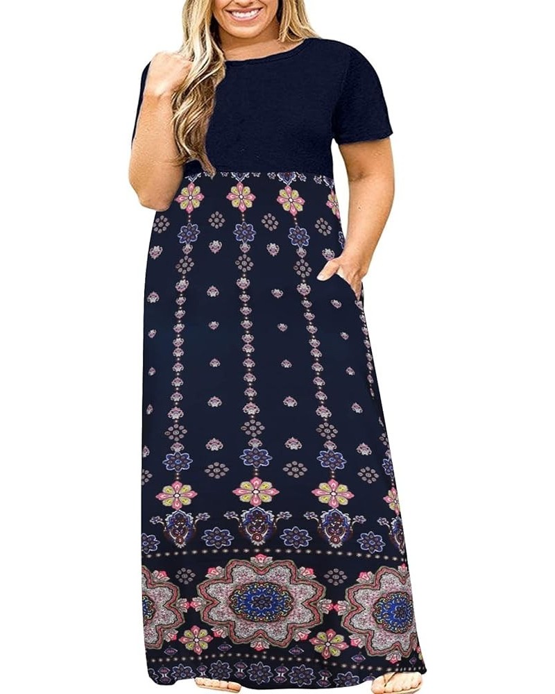 Women's Short Sleeve Plus Size Maxi Dress with Pockets Loose Casual Summer Dresses Patchwork D Navy Blue $16.45 Dresses