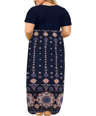 Women's Short Sleeve Plus Size Maxi Dress with Pockets Loose Casual Summer Dresses Patchwork D Navy Blue $16.45 Dresses