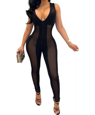 Women See Through Bodycon Jumpsuit - One Piece Deep V Neck Outfits Sheer Mesh Leopard Clubwear Jumpsuit Rompers Black-mesh $1...