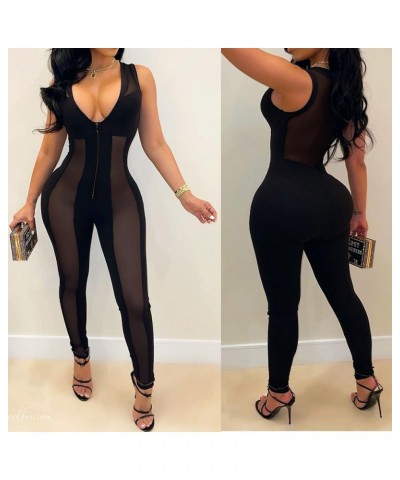 Women See Through Bodycon Jumpsuit - One Piece Deep V Neck Outfits Sheer Mesh Leopard Clubwear Jumpsuit Rompers Black-mesh $1...