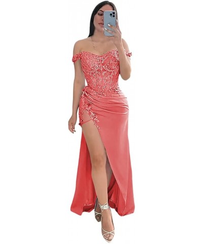 Off Shoulder Prom Dresses with Slit Lace Appliques Satin Mermaid Formal Evening Gowns CR084 Coral $43.70 Dresses