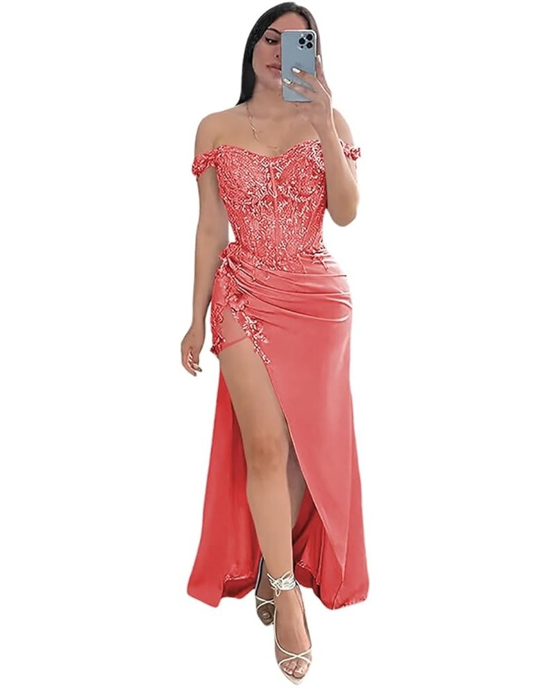 Off Shoulder Prom Dresses with Slit Lace Appliques Satin Mermaid Formal Evening Gowns CR084 Coral $43.70 Dresses