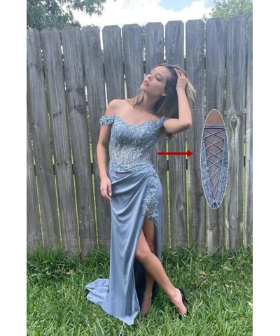 Off Shoulder Prom Dresses with Slit Lace Appliques Satin Mermaid Formal Evening Gowns CR084 Coral $43.70 Dresses