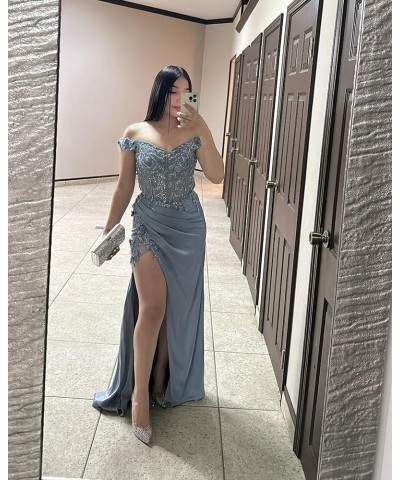 Off Shoulder Prom Dresses with Slit Lace Appliques Satin Mermaid Formal Evening Gowns CR084 Coral $43.70 Dresses