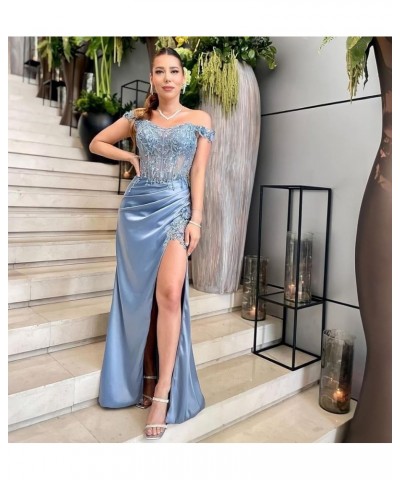 Off Shoulder Prom Dresses with Slit Lace Appliques Satin Mermaid Formal Evening Gowns CR084 Coral $43.70 Dresses