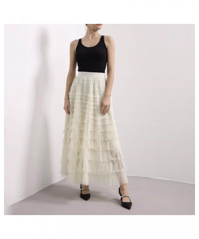 Women's Mesh Layered Midi Skirt Elastic High Waist A-Line Swing Tulle Tiered Tutu Skirts Cocktail Party Cake Skirt Layered Wh...