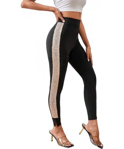 Women's Casual High Elastic Waist Leggings Rhinestone Side Skinny Pants Tights Black and Gold $20.29 Leggings