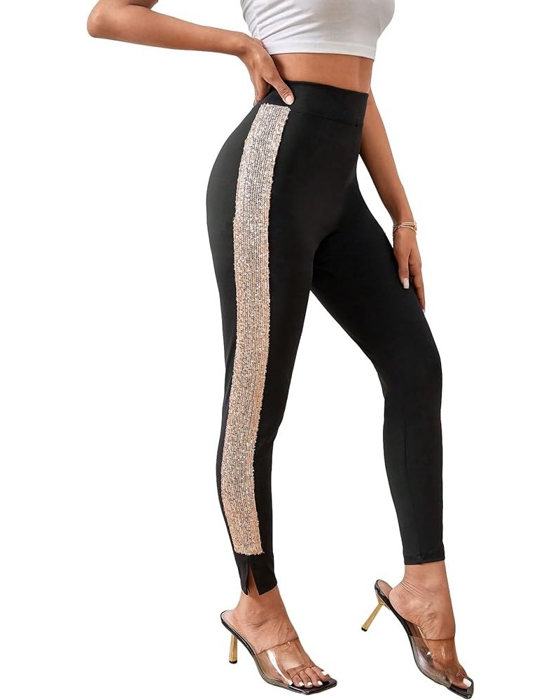 Women's Casual High Elastic Waist Leggings Rhinestone Side Skinny Pants Tights Black and Gold $20.29 Leggings