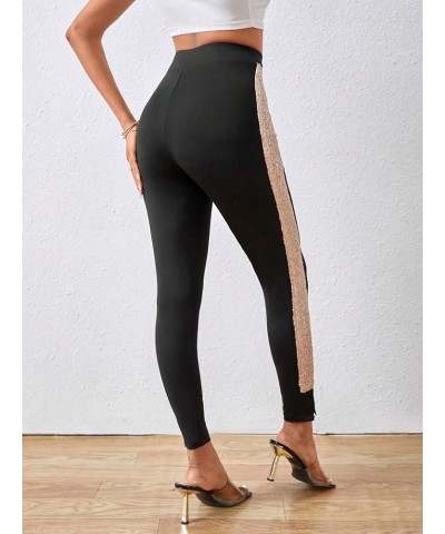 Women's Casual High Elastic Waist Leggings Rhinestone Side Skinny Pants Tights Black and Gold $20.29 Leggings